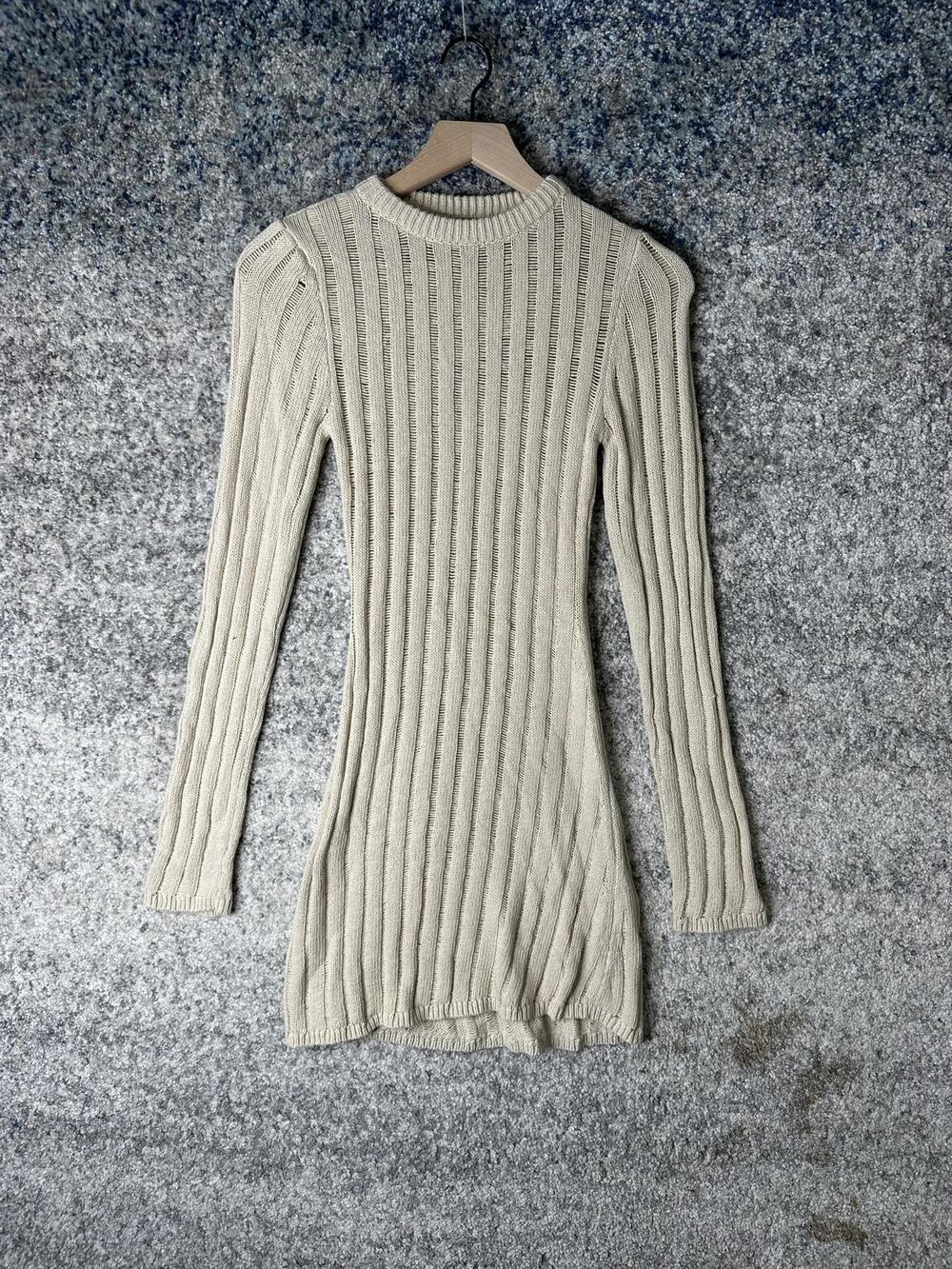 DISSH Dress Womens XS Beige Ribbed Knit Bodycon Sweater Long Sleeve Mini Stretch